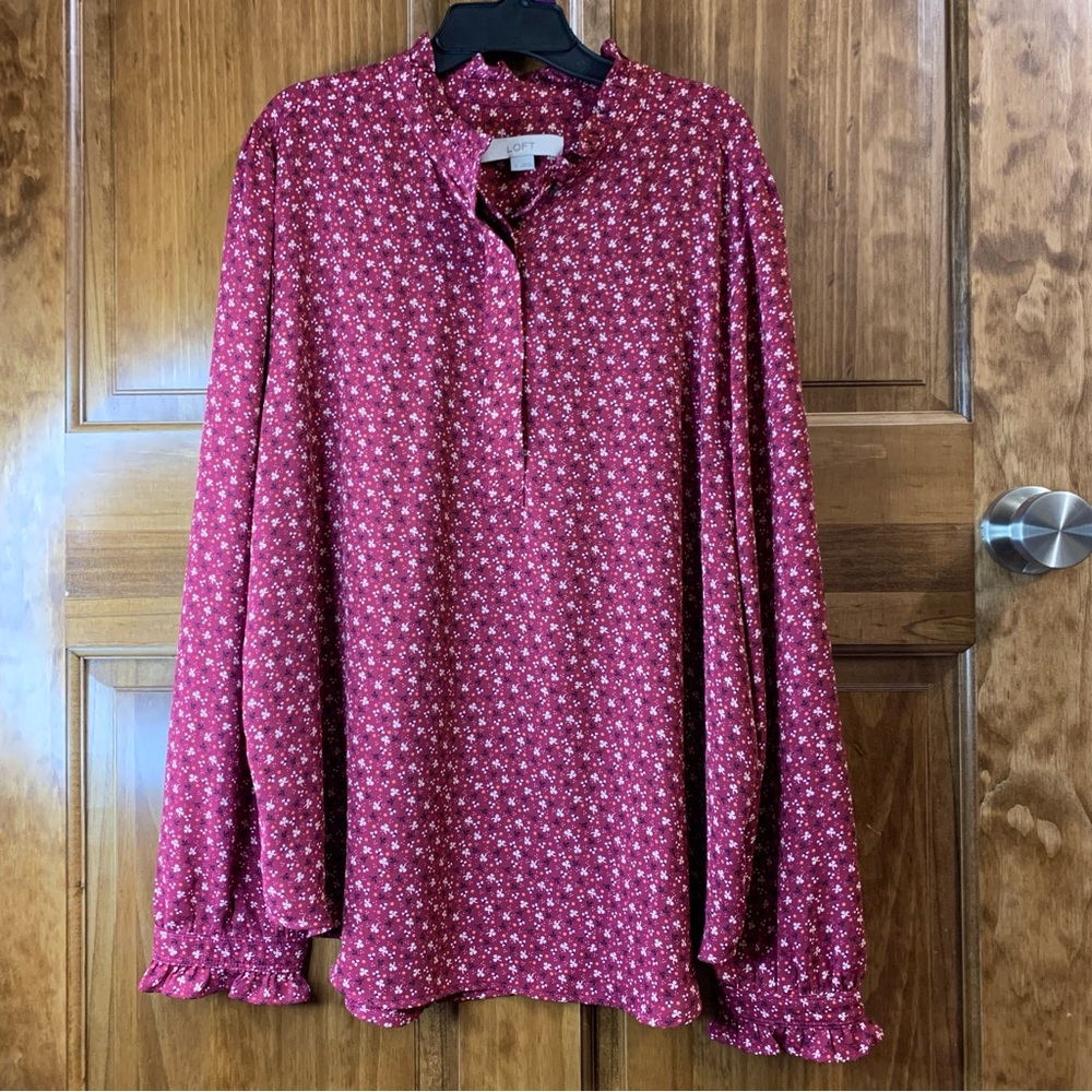 Women’s XL long sleeve blouse red floral flower print peasant style blouse
